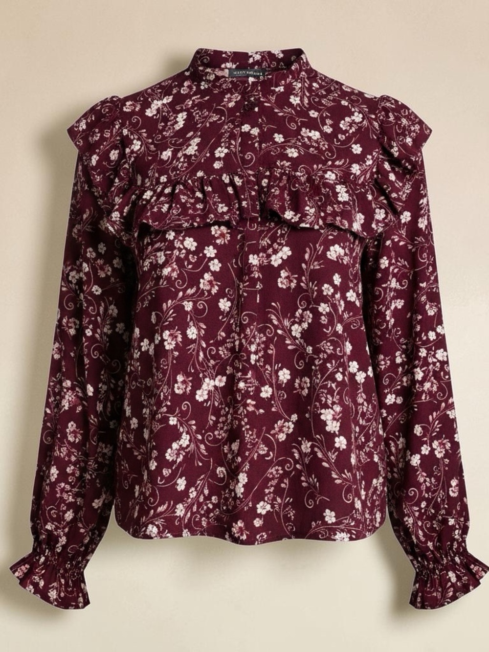 Suzy Shier Burgundy Floral Ruffle-Yoke Blouse